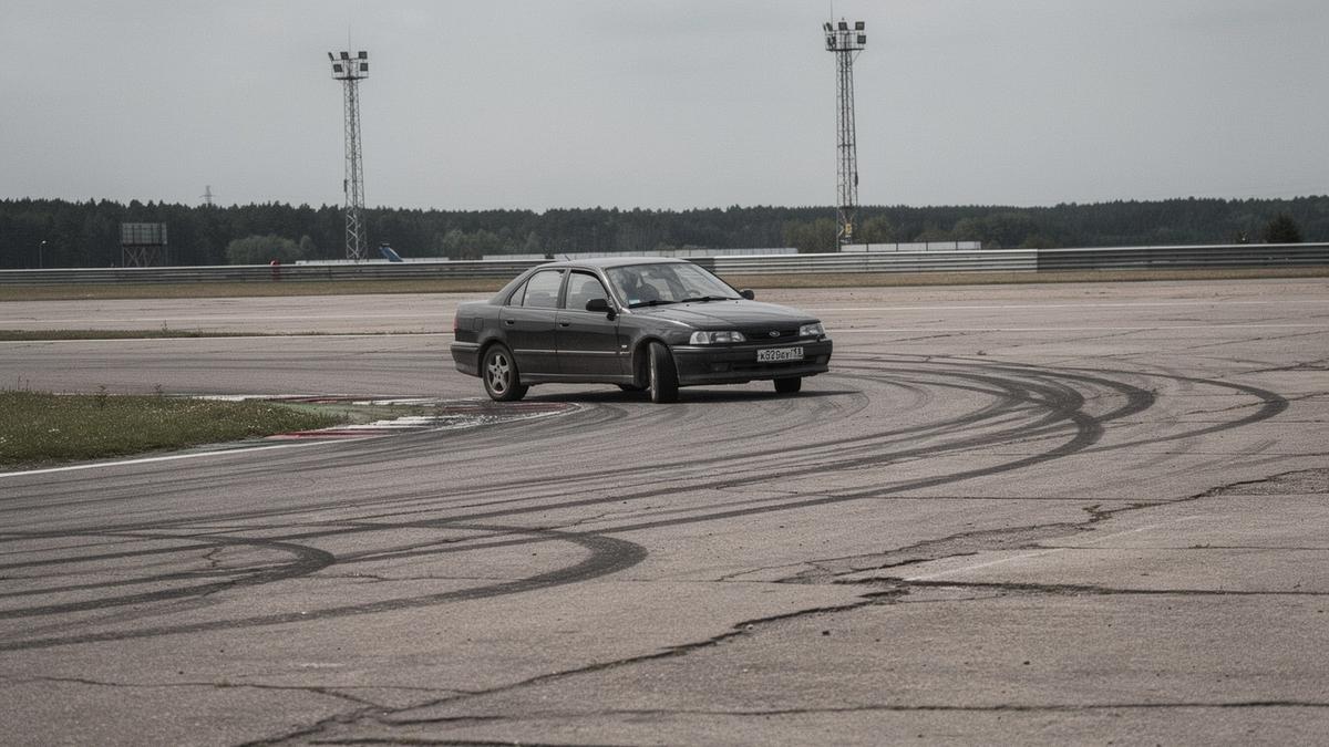 Closed-course sedan turning into a right-hand corner at the Kyiv region circuit